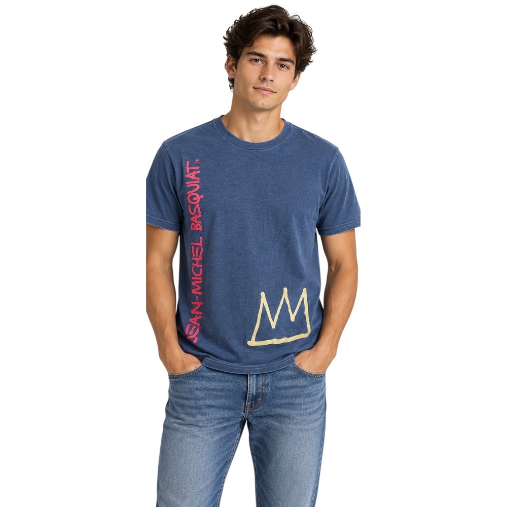 Jean-Michel Basquiat Ripple Graphic Tee Shirt Blue Pink Crown Art Size S